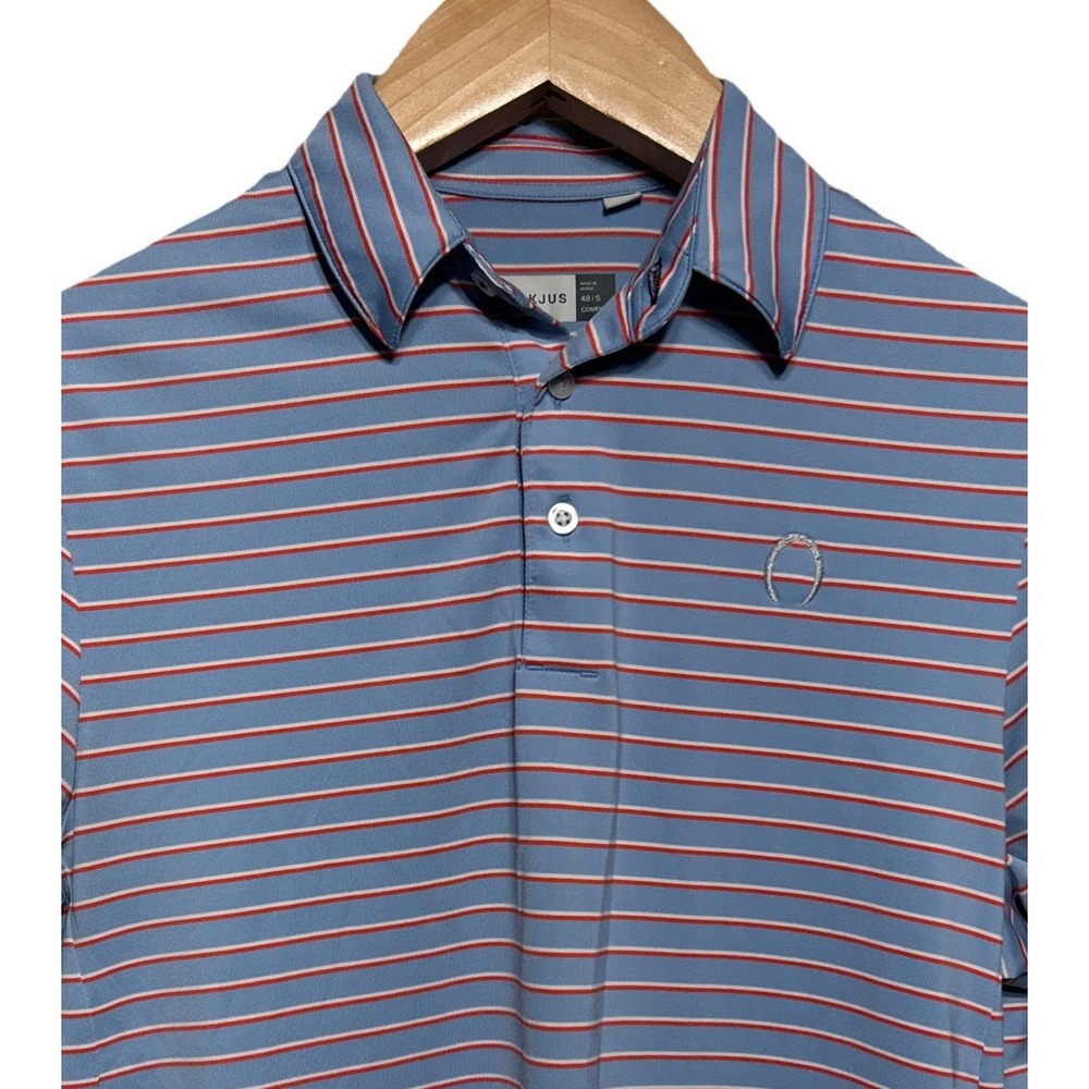 KJUS Golf Polo Gray Red White Stripe Embroidered Horseshoe Logo Sz 48 |‎ Small